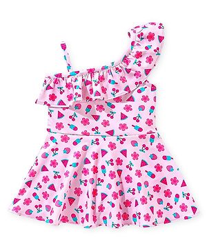 Babyhug Sleeveless Frock Style Singlet Swimsuit with Ruffle Detailing Fruity Print - Pink