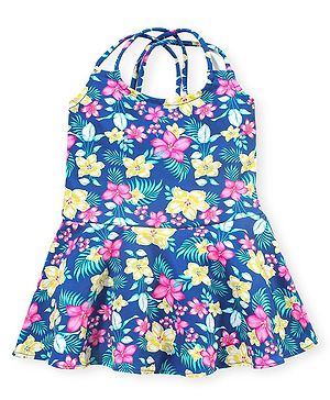Babyhug Sleeveless Frock Style Singlet Swimsuit Floral Print - Navy Blue