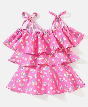 Babyhug Off Shoulder A Line Floral Print Swimsuit Frock - Pink