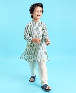Babyhug 100% Cotton Woven Full Sleeves Kurta Pyjama Set Leaf Print - White