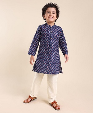 Babyhug 100% Cotton Flower Printed Full Sleeves Kurta With Pyjama Set - Blue