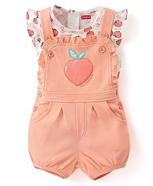 Babyhug 100% Cotton Half Sleeves Inner Tee with Dungaree With Fruits Embroidery - Pink & White