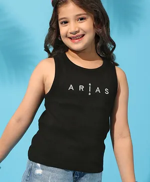 Arias Cotton Stretch Rib Knit Embroidered Sleeveless Tank Top - Black
