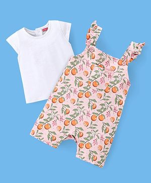 Babyhug 100% Cotton Half Sleeves Tee & Dungaree Set Tangerine Print- White & Light Orange