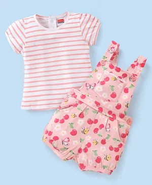 Babyhug 100% Cotton Knit Floral Print Dungaree & Half Sleeves Striped Tee Set - Pink & White