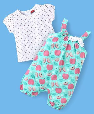 Babyhug 100% Cotton Knit Half Sleeves T-Shirt & Dungaree Set Fruit Print - Pink & Mint