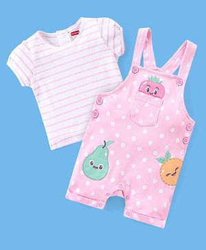 Babyhug 100% Cotton Polka Dots Printed Dungaree with Half Sleeves Striped Inner Tee - White & Pink