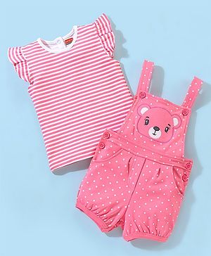 Babyhug Cotton Dungaree With Half Sleeves Inner Tee Striped & Bear PatchWork - Pink