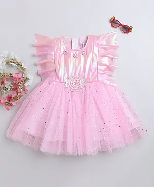 Many frocks & Frilled Sleeves Shiny Corsage Applique Party Wear Dress - Pink