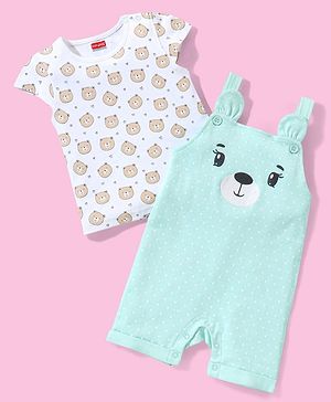 Babyhug Cotton Puff Print Dungaree with Bear Printed Half Sleeves Inner Tee - Mint