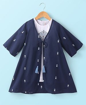 Babyhug Cotton Woven Three Fourth Sleeves Inner & Outer Set of Ethnic Dress with Floral Embroidery & Print - Navy Blue & White