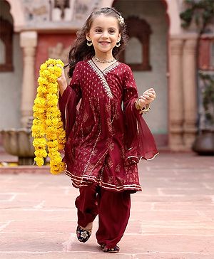 Babyhug Rayon Three Fourth Sleeves Foil Printed Overlaped Kurti & Palazzo Set with Dupatta - Maroon