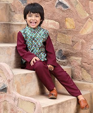 Babyhug 100% Cotton Full Sleeves Kurta Payjama Set With Waistcoat Kite Print - Purple & Blue