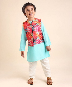 Babyhug 100% Cotton Full Sleeves Kurta Payjama Set With Waistcoat Ikat Print - Blue & White