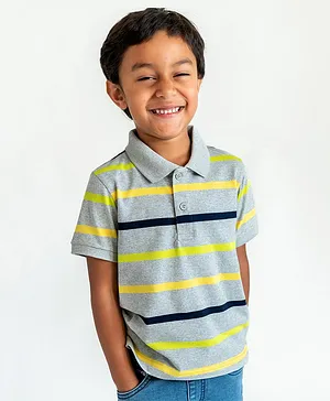 Campana 100% Cotton Half Sleeves Rugby Striped Polo Tee - Grey