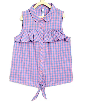 Campana 100% Cotton Sleeveless Frill Detailed Gingham Checked Front Tie Up Shirt Style Top - Blue & Pink