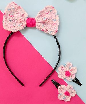 Little Peas Set Of 3 Crochet Bow Hairband With Flower Hair Clips - Pink