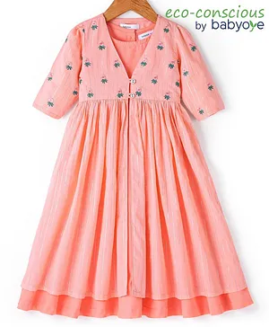 Babyoye Eco-Conscious Cotton Lurex Embellished Three Fourth Sleeves Indo Western and Fusion Wear Kurta - Peach