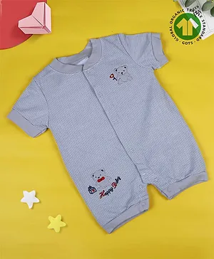 Baby Moo Soft Organic Cotton Half Sleeves Teddy Patch Embroidered  Pin Striped Romper - Grey