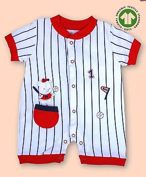 Baby Moo Organic Cotton Short Sleeves Railroad Striped & Sporty Teddy Embroidered Romper - Red