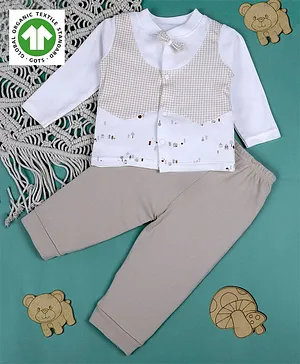 Baby Moo Organic Cotton Full Sleeves Mock Checkered  Waistcoat Designed Shirt With Pant - Beige