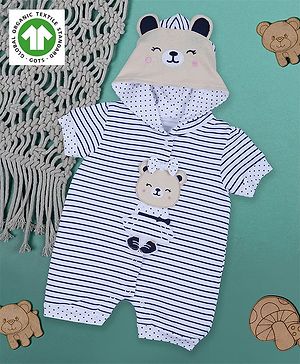 Baby Moo Organic Cotton Cap Sleeves Blushing Baby Bear Embroidered & Railroad Striped Romper - Grey