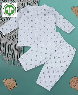 Baby Moo Organic Cotton Full Sleeves All Over Baby Teddy & Polka Dot Printed Shirt With Pyjama - White