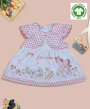 Baby Moo Organic Cotton Cap Flutter Sleeves Unicorn Theme Printed Dress With Attached Shrug - Pink