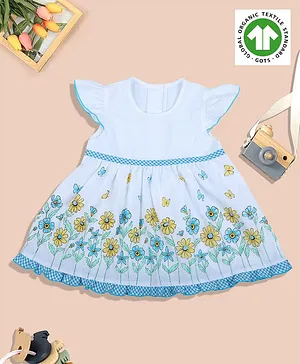 Baby Moo Organic Cotton Cap Sleeves Floral Printed Dress - Blue