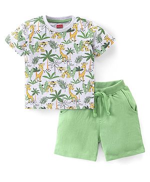 Babyhug Half Sleeve T-Shirt & Knee Length Shorts With Jungle Print - Grey & Green