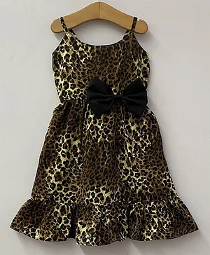 My Pink Closet Sleeveless All Over Leopard Printed & Bow Embellished Frill Hem Detailed Dress - Black