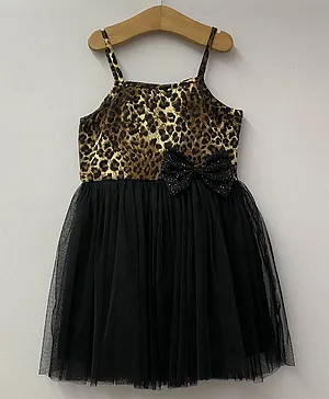 My Pink Closet Sleeveless Leopard Skin Printed Bow Applique Party Wear Dress - Black