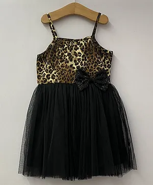 My Pink Closet Sleeveless Leopard Skin Printed Bow Applique Party Wear Dress - Black