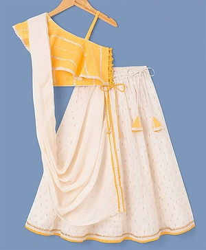 Babyoye Eco-Conscious Cotton Sleeveless Choli & Lehenga With Sequin Detailing - Yellow & White