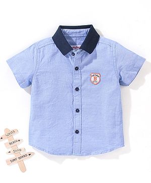 Babyhug 100% Cotton Half Sleeves Solid Oxford Shirt With Badge- Blue