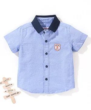 Babyhug 100% Cotton Half Sleeves Solid Oxford Shirt With Badge- Blue