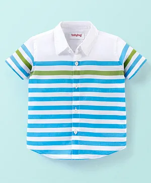 Babyhug 100% Cotton Woven Half Sleeve Striped Shirt - White & Blue