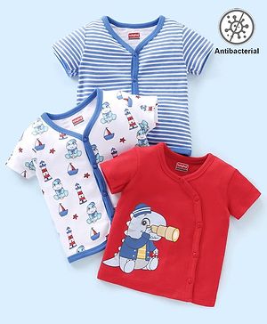 Babyhug 100% Cotton Antibacterial Half Sleeves Vests Dino Print Pack of 3 - Blue & Red