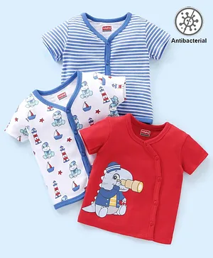 Babyhug 100% Cotton Antibacterial Half Sleeves Vests Dino Print Pack of 3 - Blue & Red