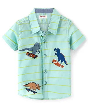 Babyhug Cotton Woven Half Sleeves Striped Shirt Dino Print - Green