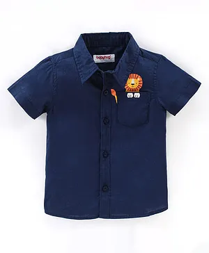 Babyhug 100% Cotton Woven Half Sleeves Shirt Lion Pocket Print - Navy Blue