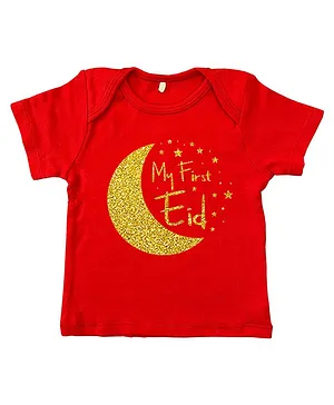 Kadam Baby Half Sleeves Eid Theme My First Eid  Glitter Printed Tee - Red