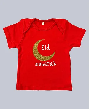 Kadam Baby Half Sleeves Eid Theme Eid Mubarak Glitter Printed Tee - Red