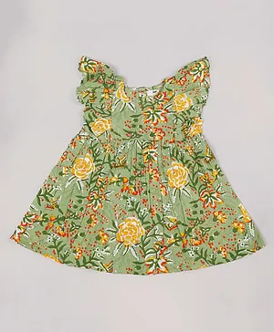 Tahanis 100% Cotton Frilled Sleeves Floral Printed Dress - Green