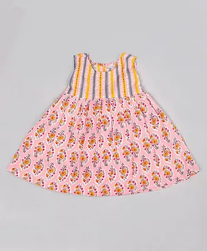 Tahanis 100% Cotton Sleeveless Striped Patterned Yoke & Seamless Jaipuri Floral Motif Printed Fit & Flare Dress - Pink