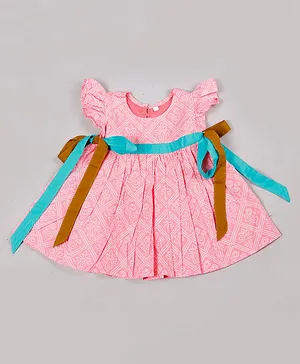 Tahanis 100% Cotton Frill Cap Sleeves Seamless Peacock & Flower Motif Bandhej Block Designed Fit & Flare Dress - Pink