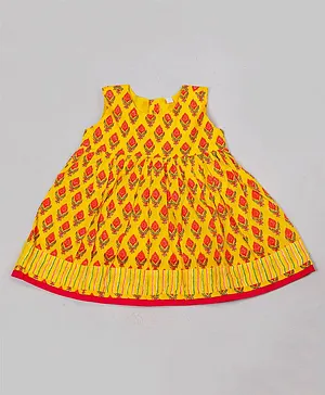 Tahanis 100% Cotton Sleeveless Rose Motif Butti Printed Dress - Yellow