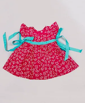 Tahanis 100% Cotton Short Friill Sleeves Vyanjan Printed Dress - Hot Pink