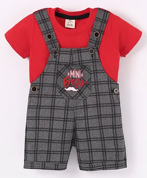 Jo&Bo Half Sleeves Plaid Checked Mini Boss Embroidered Dungaree With Tee - Red