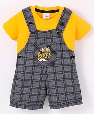 Jo&Bo Half Sleeves Plaid Checked Mini Boss Embroidered Dungaree With Tee - Yellow